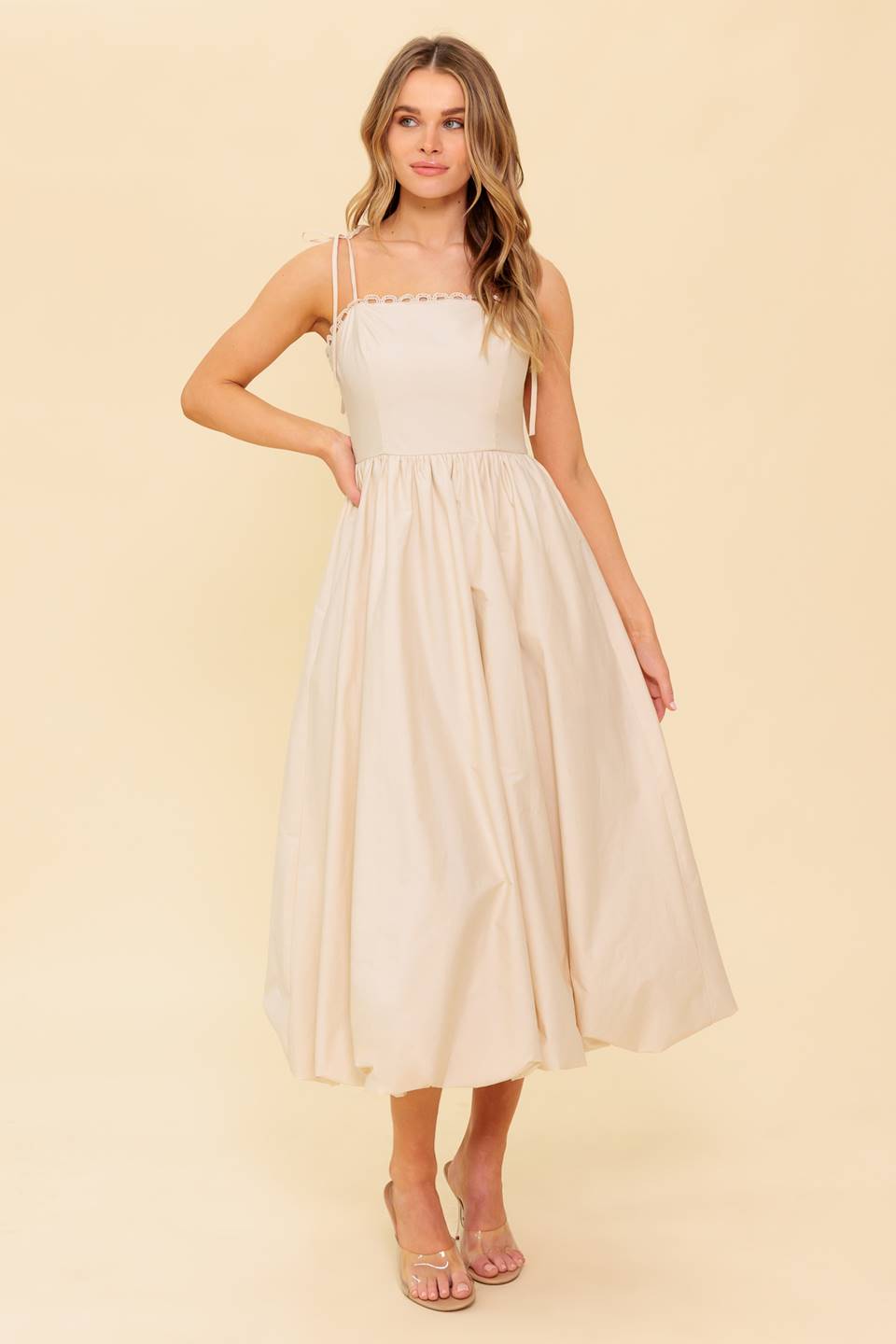 REGAL CUTIE CREAM WOVEN MIDI DRESS Flying Tomato